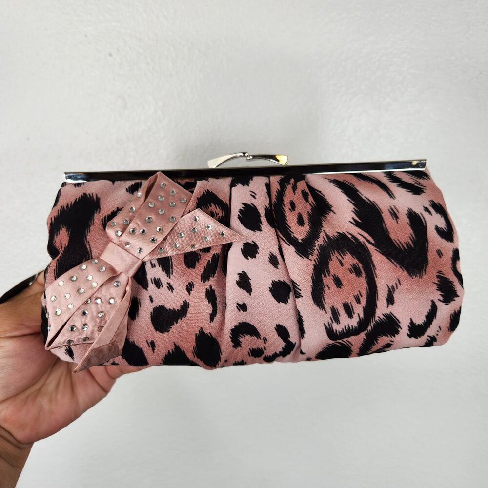 Y2K Elka Accessories Pink Animal Print Clasp Clutch Bag Shoulder Strap 80s Party